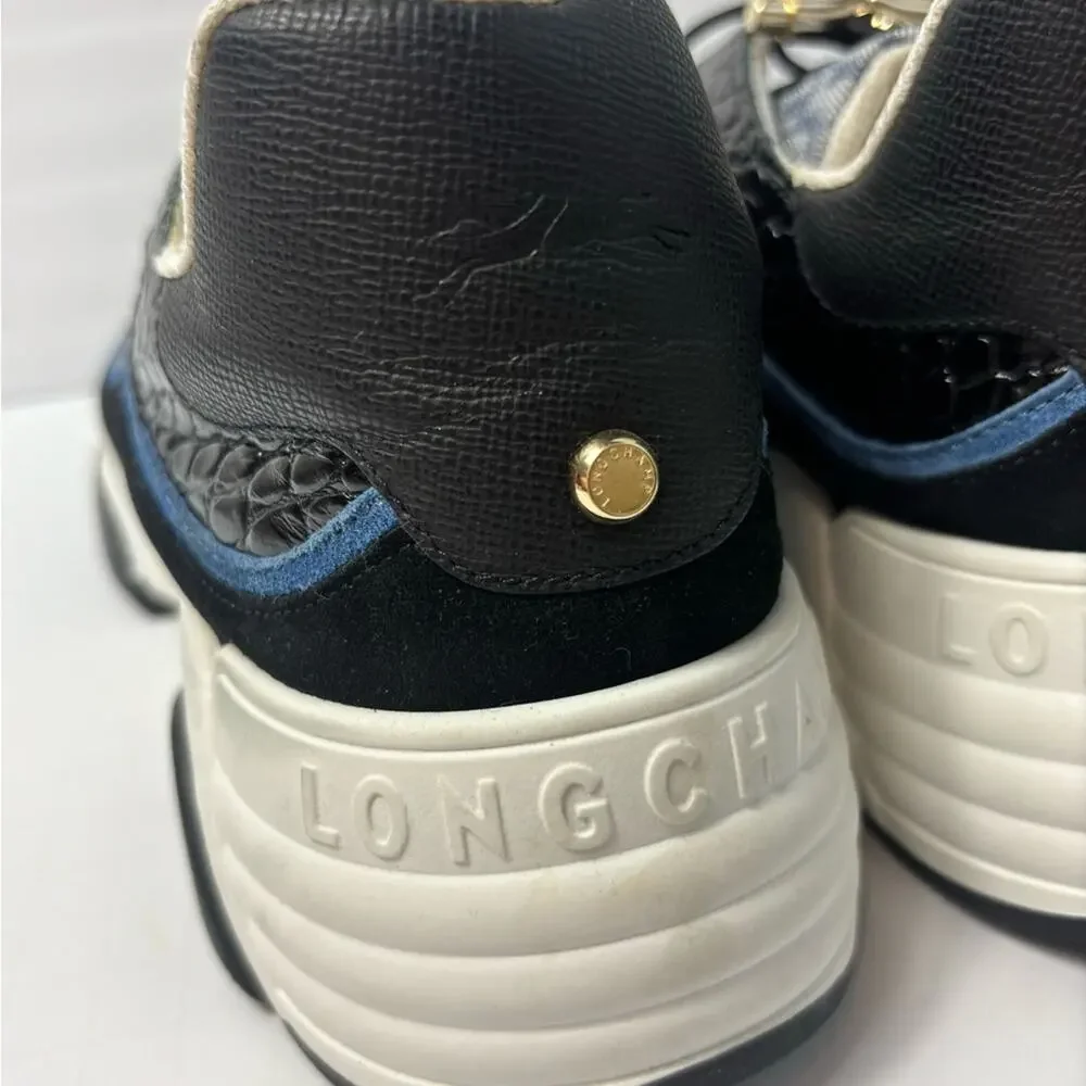 LONGCHAMP WOMEN BLUE BLACK WHITE GOLD LEATHER SIZE 41 SNEAKER SHOES